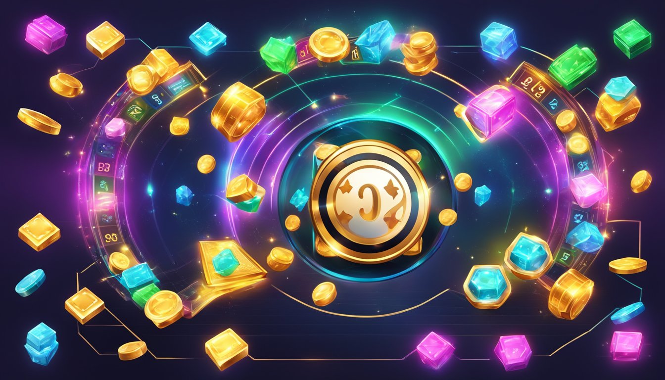 A colorful and vibrant online casino game interface featuring blockchain technology, with various game options and a modern, sleek design