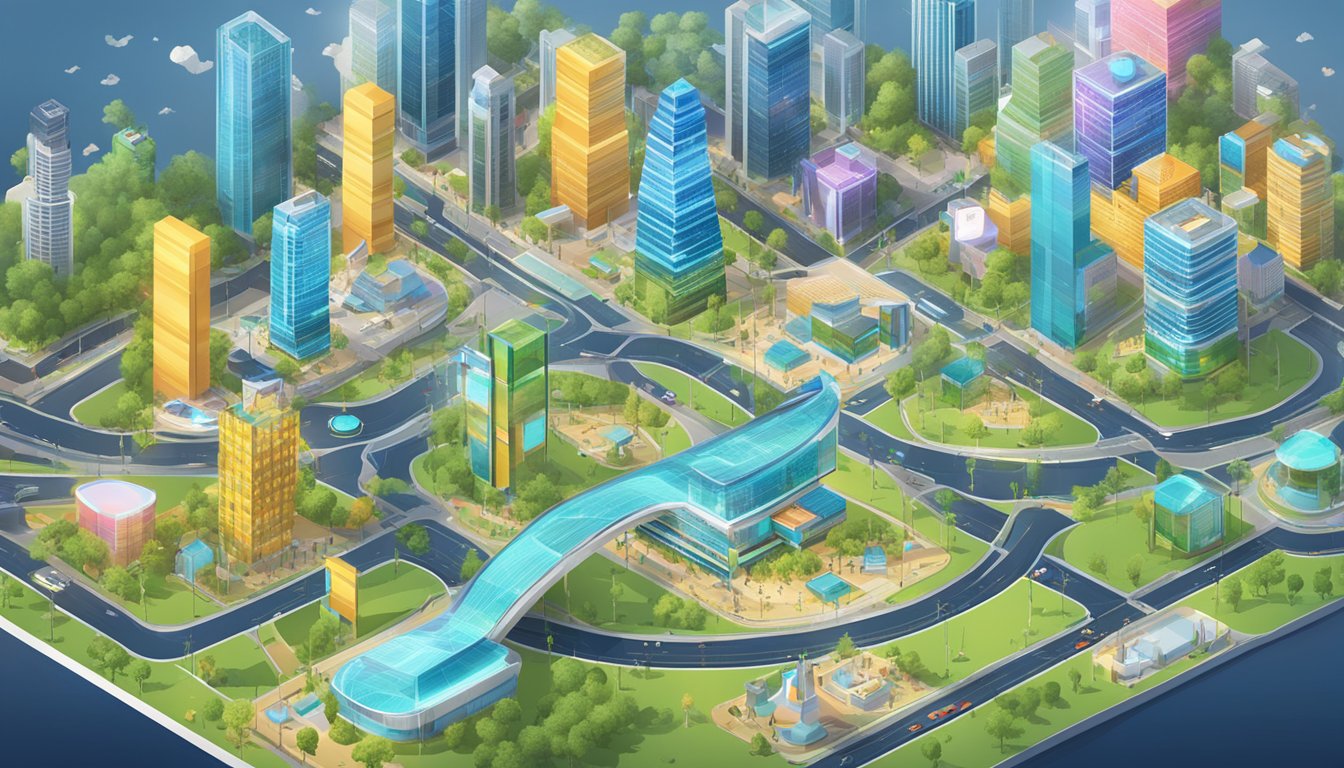 A bustling entertainment city with interconnected blocks, showcasing the integration of blockchain technology into various leisure activities and services