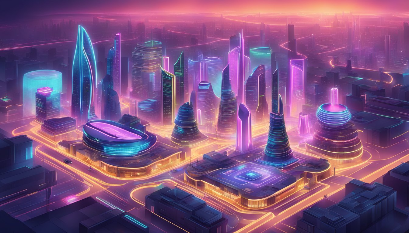 A bustling entertainment city with futuristic architecture and glowing neon lights, all powered by blockchain technology