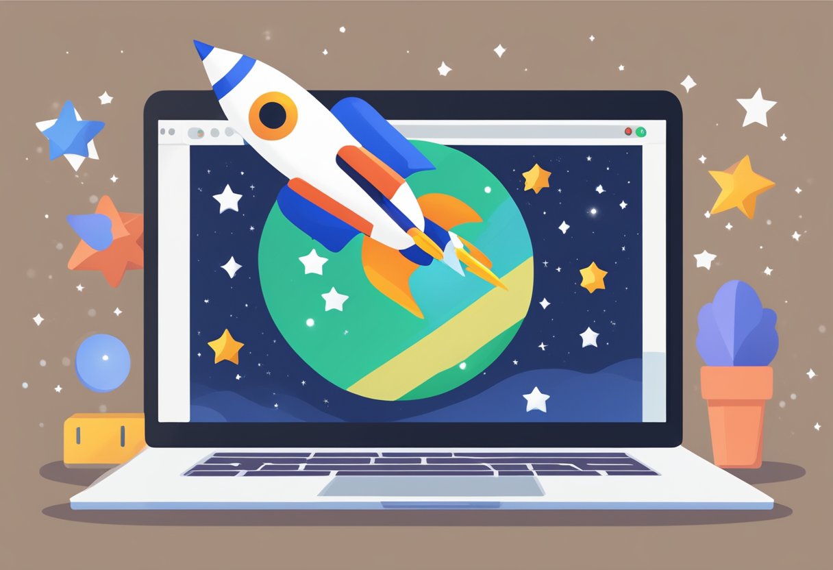 A laptop with a website on the screen, surrounded by stars and a rocket ship, with a large Google logo in the background