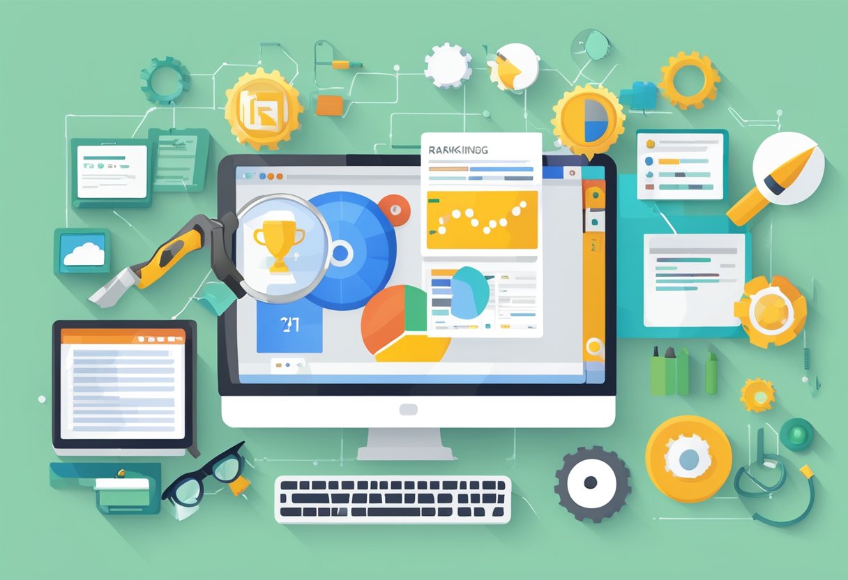 A computer screen displaying a website's search engine ranking on Google, surrounded by various technical SEO tools and resources