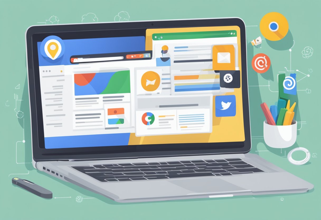 A laptop displaying a website with a prominent Google search bar, surrounded by various digital marketing tools such as social media icons, SEO analytics, and email marketing campaigns