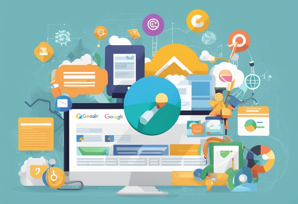 A website rising to the top of Google search results, surrounded by various off-page SEO elements like backlinks, social media shares, and online mentions