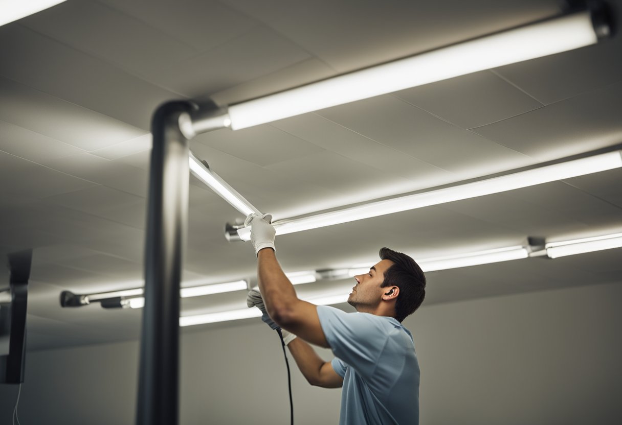 A person replacing a fluorescent tube with a LED tube in a ceiling fixture