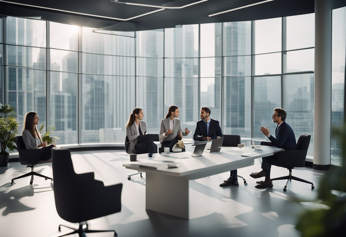 A group of professionals discussing new regulations in a modern Swiss office setting