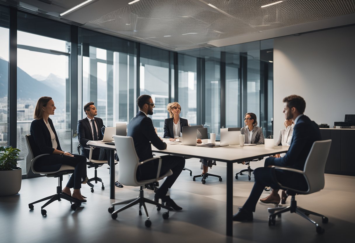 A group of professionals in a modern office setting, discussing and adapting to new regulatory frameworks in Switzerland