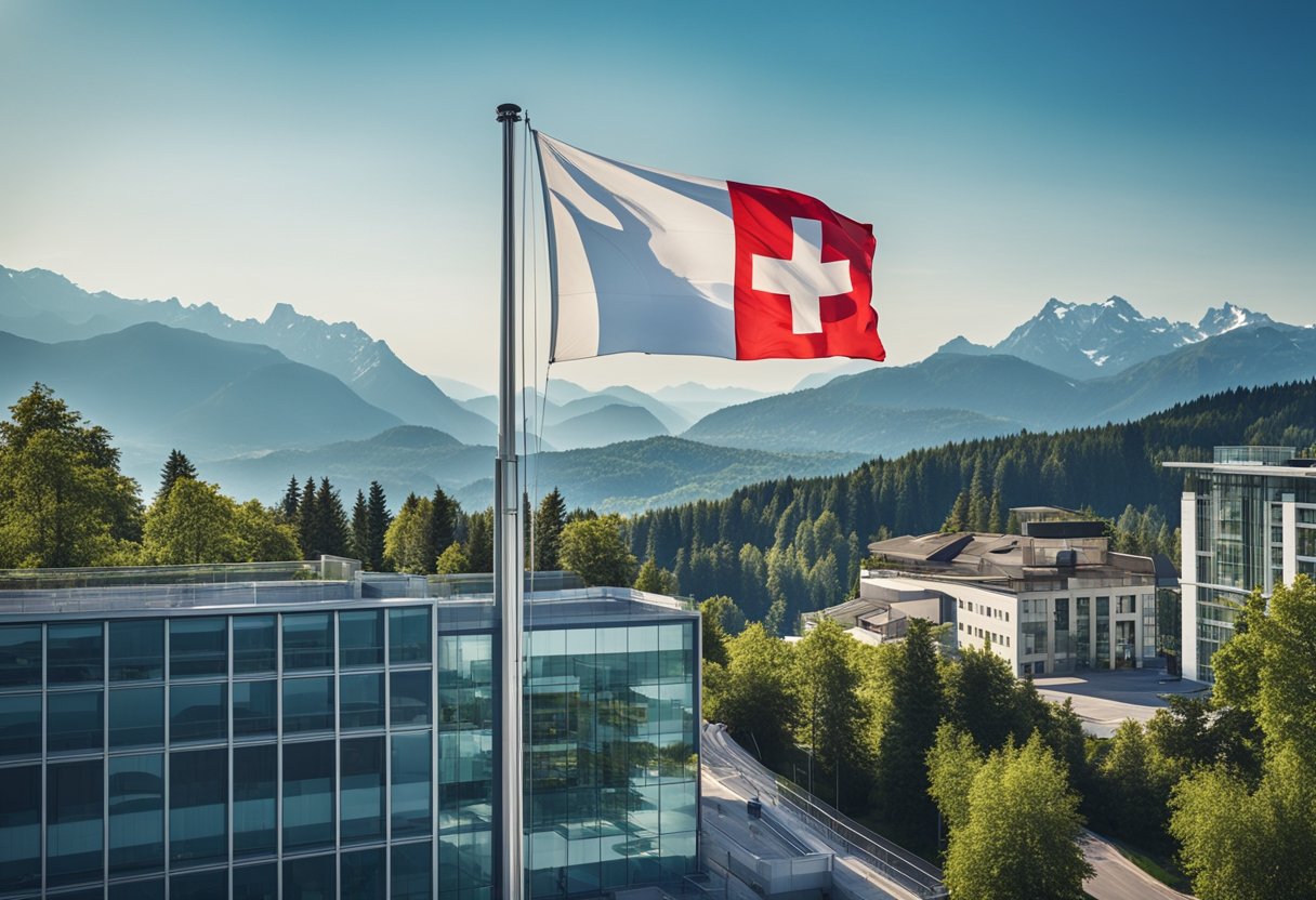 A Swiss flag flying atop a modern office building surrounded by greenery, with a clear blue sky and mountains in the background