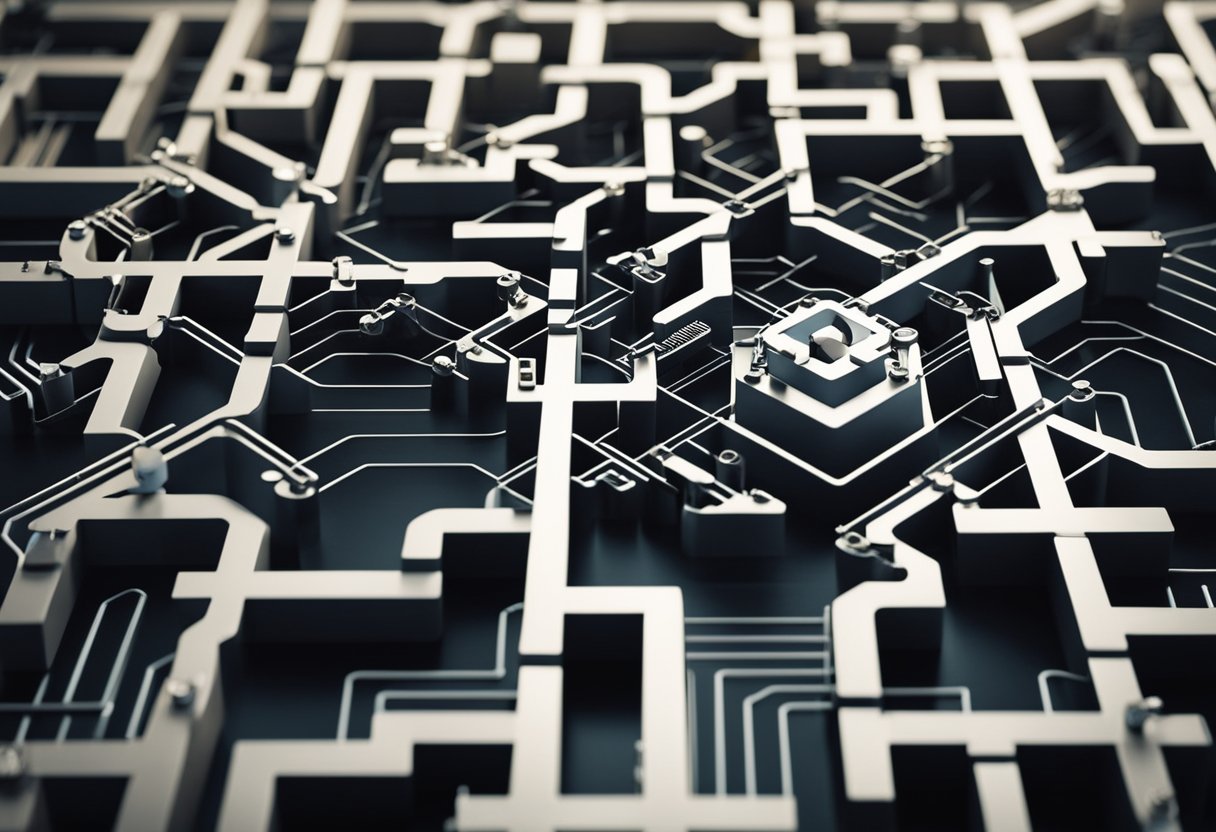 Financial service providers in Switzerland navigating a complex web of regulatory frameworks, depicted through a maze of interconnected pathways and barriers