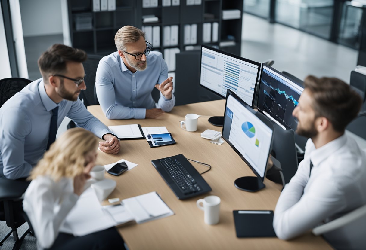 A group of professionals in a modern office setting, discussing and adapting to new regulatory frameworks in Switzerland