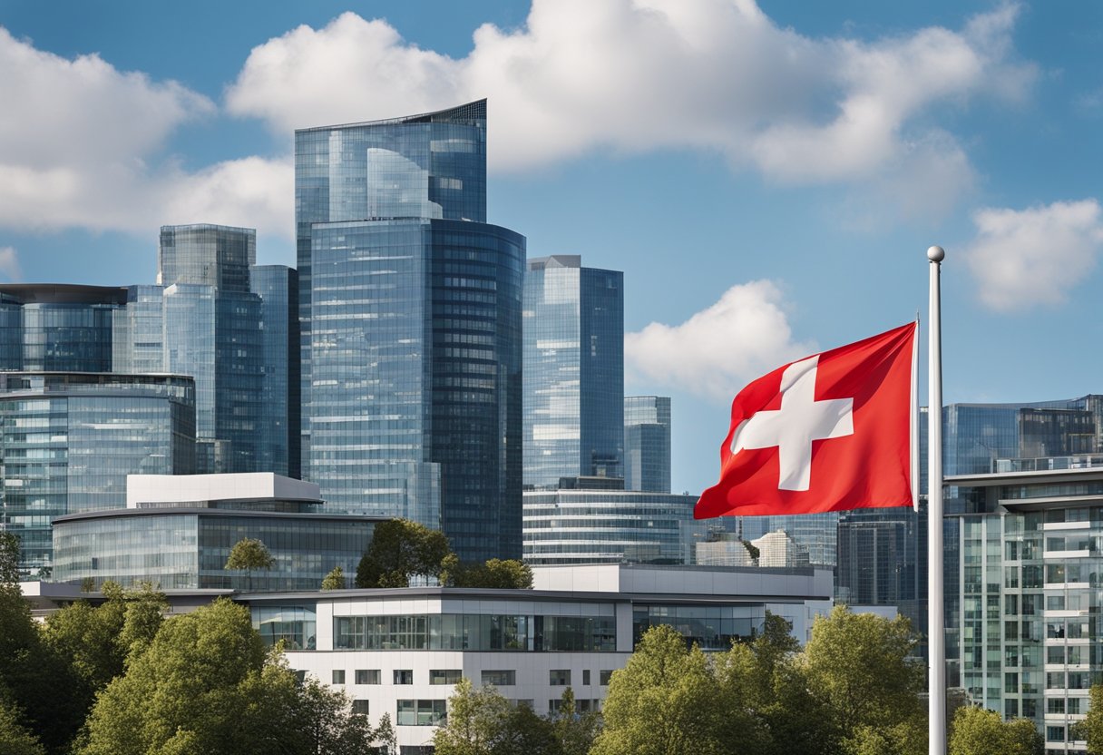 A Swiss flag flying in the wind against a backdrop of modern office buildings and a clear blue sky