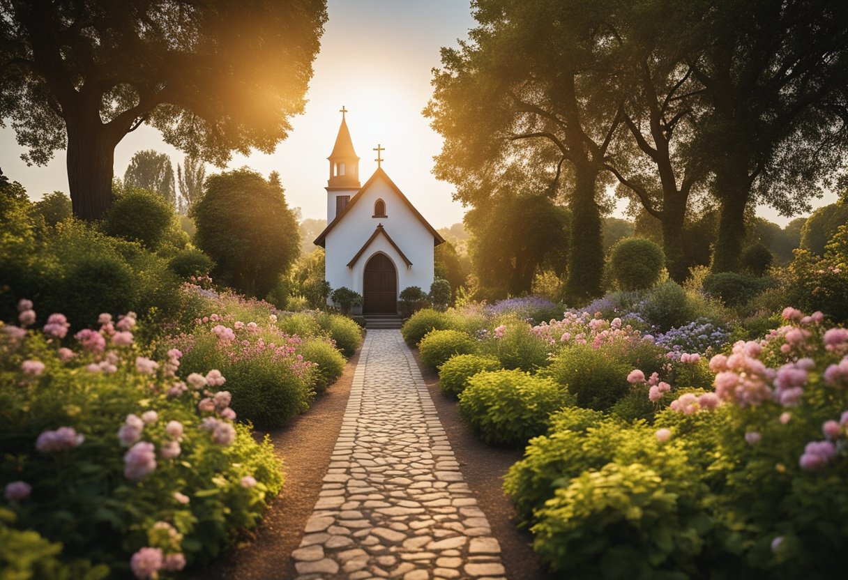 A serene garden with a path leading to a small chapel, surrounded by blooming flowers and tall trees, as the sun rises in the sky