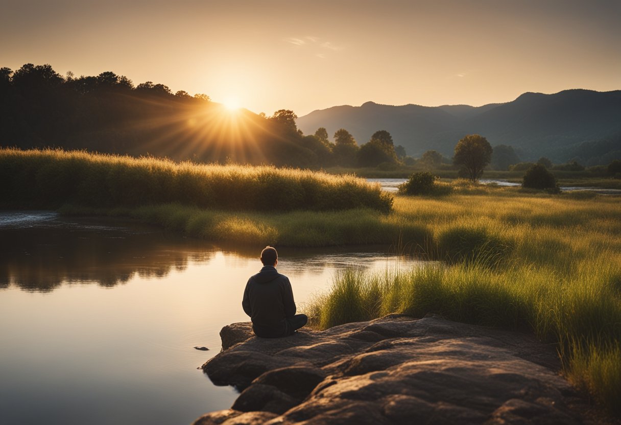 A serene sunrise over a quiet countryside, with a figure kneeling in prayer beside a flowing river. A soft glow illuminates the scene