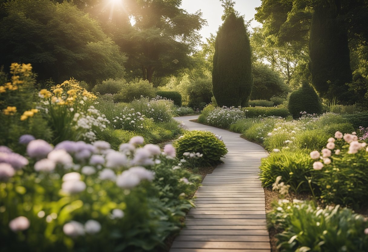 A peaceful garden with a winding path, surrounded by blooming flowers and lush greenery. A gentle stream flows through, adding to the tranquil atmosphere