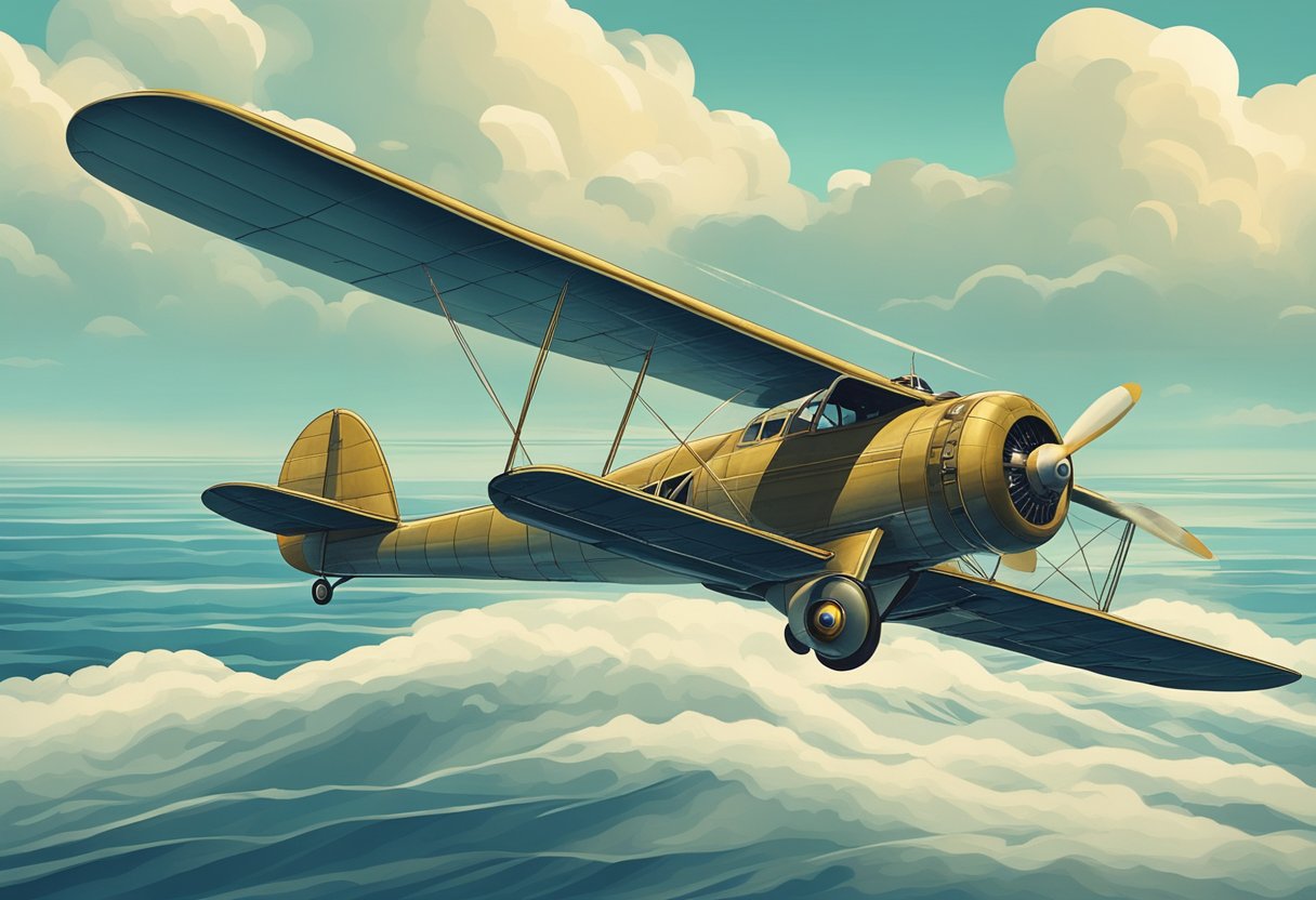 A vintage airplane flying over the vast ocean with a sense of mystery and disappearance in the air