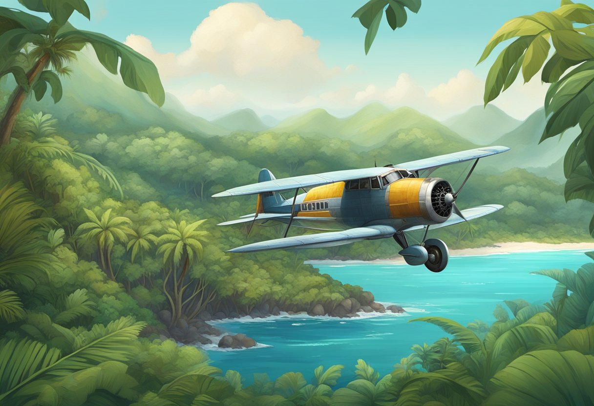 A vintage airplane sits abandoned on a remote island, surrounded by dense jungle and a vast ocean