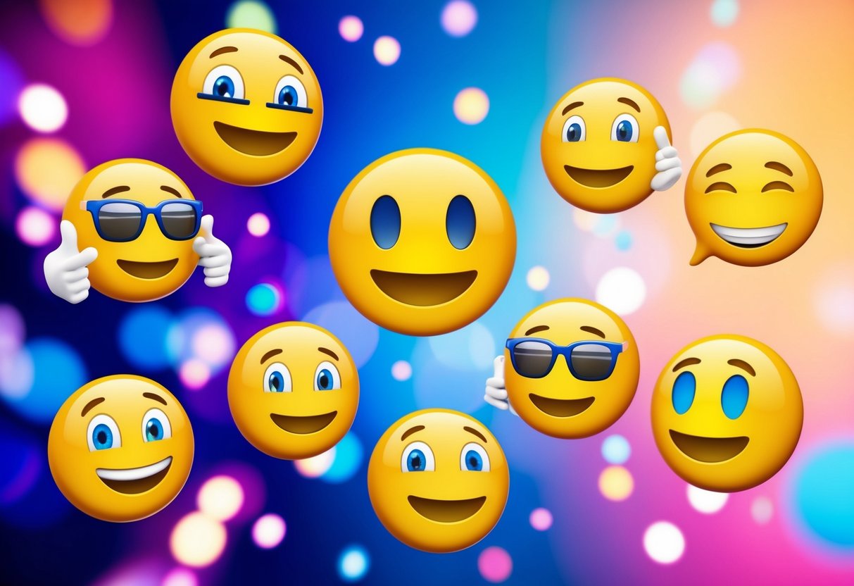 Um grupo de emojis diversos conversando em um espaço digital colorido e abstrato