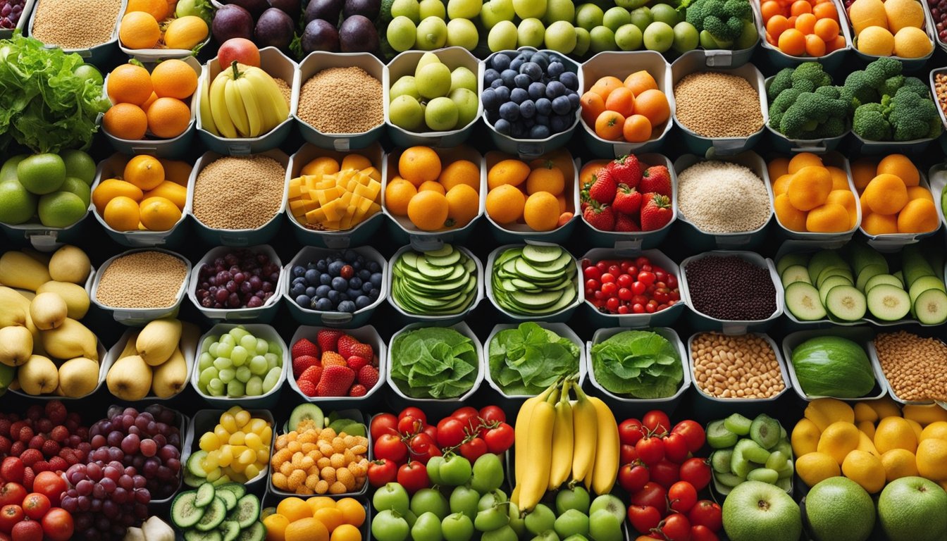 A variety of fruits, vegetables, and grains arranged in a colorful and appetizing display