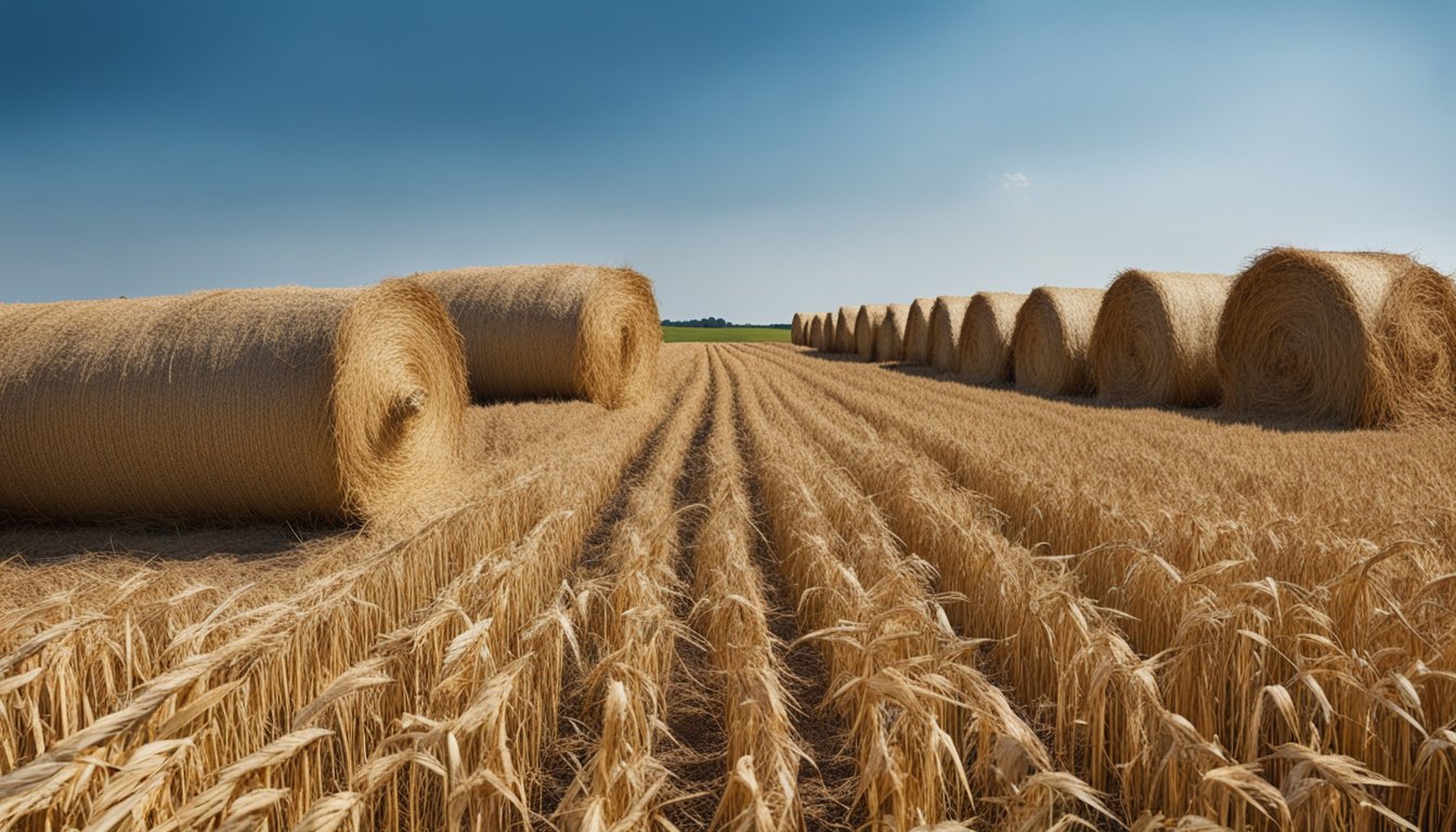 A field of harvested agricultural by-products, such as corn stalks and wheat straw, piled up in a rural setting, with a clear blue sky in the background