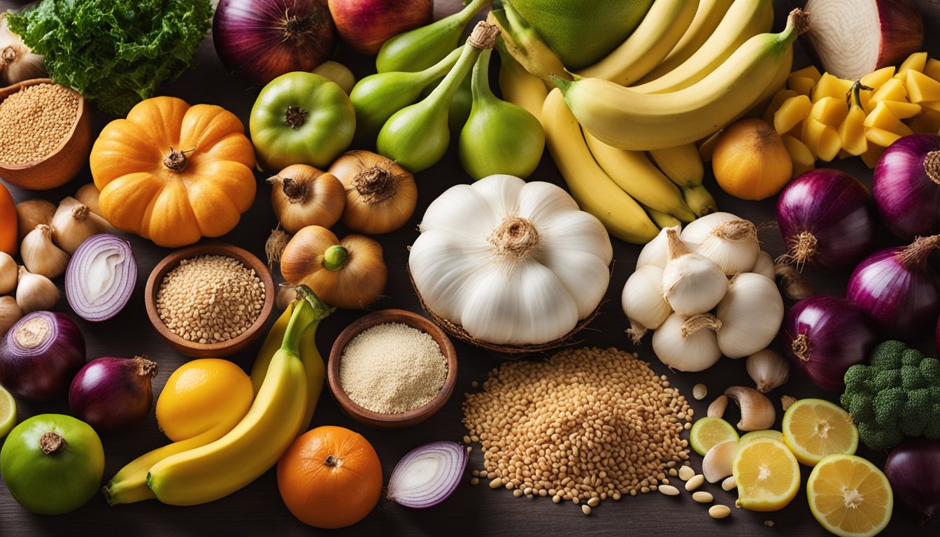 A colorful array of fruits, vegetables, and whole grains arranged on a table, with a prominent display of xylooligosaccharides-rich foods like onions, garlic, and bananas