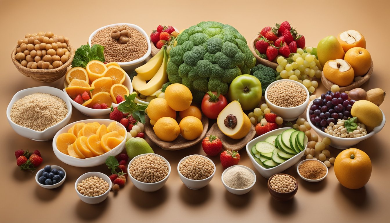 A variety of food sources, such as fruits, vegetables, and whole grains, surrounded by xylooligosaccharides molecules