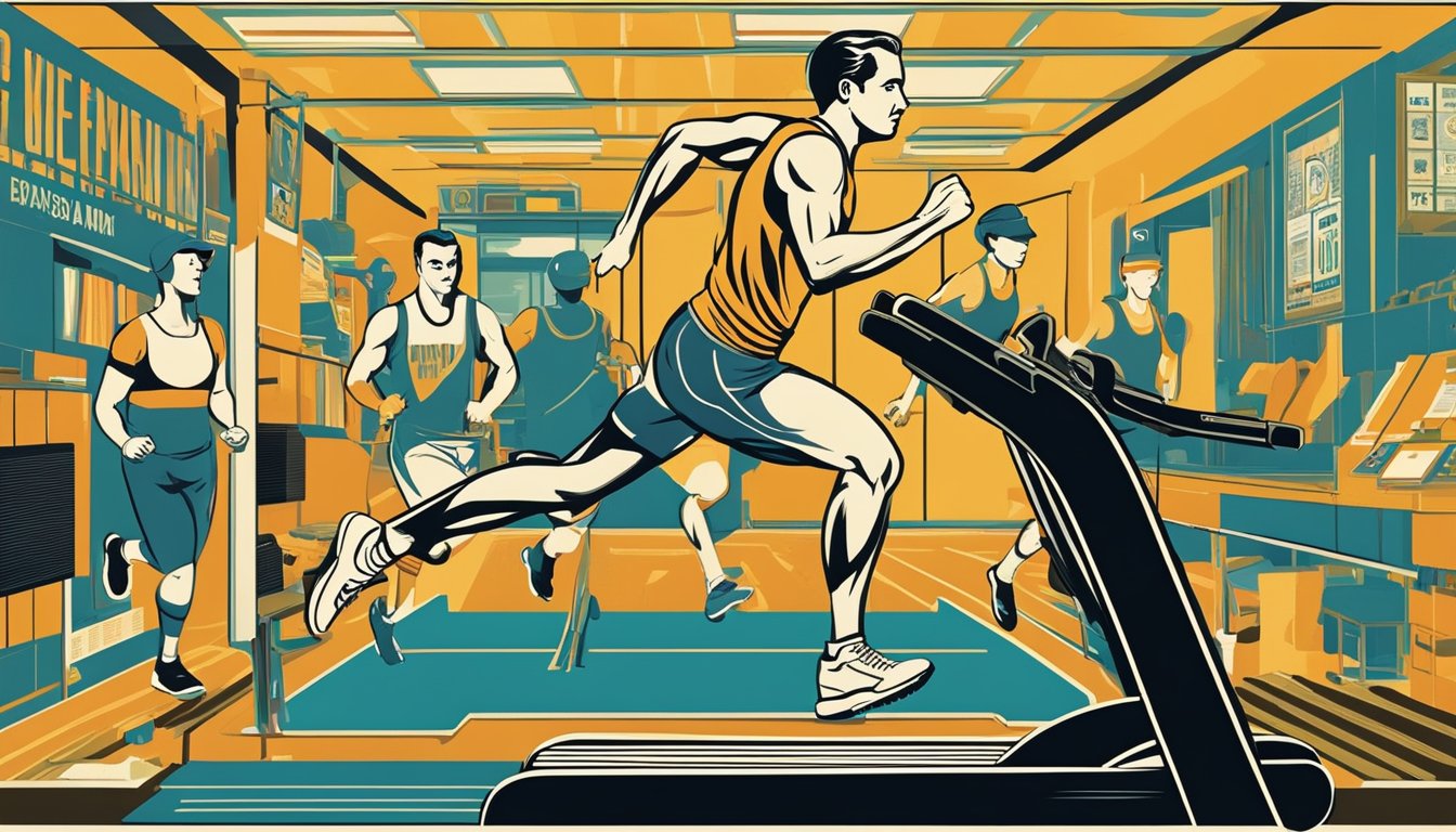 A person running on a treadmill with a determined expression, surrounded by gym equipment and motivational posters