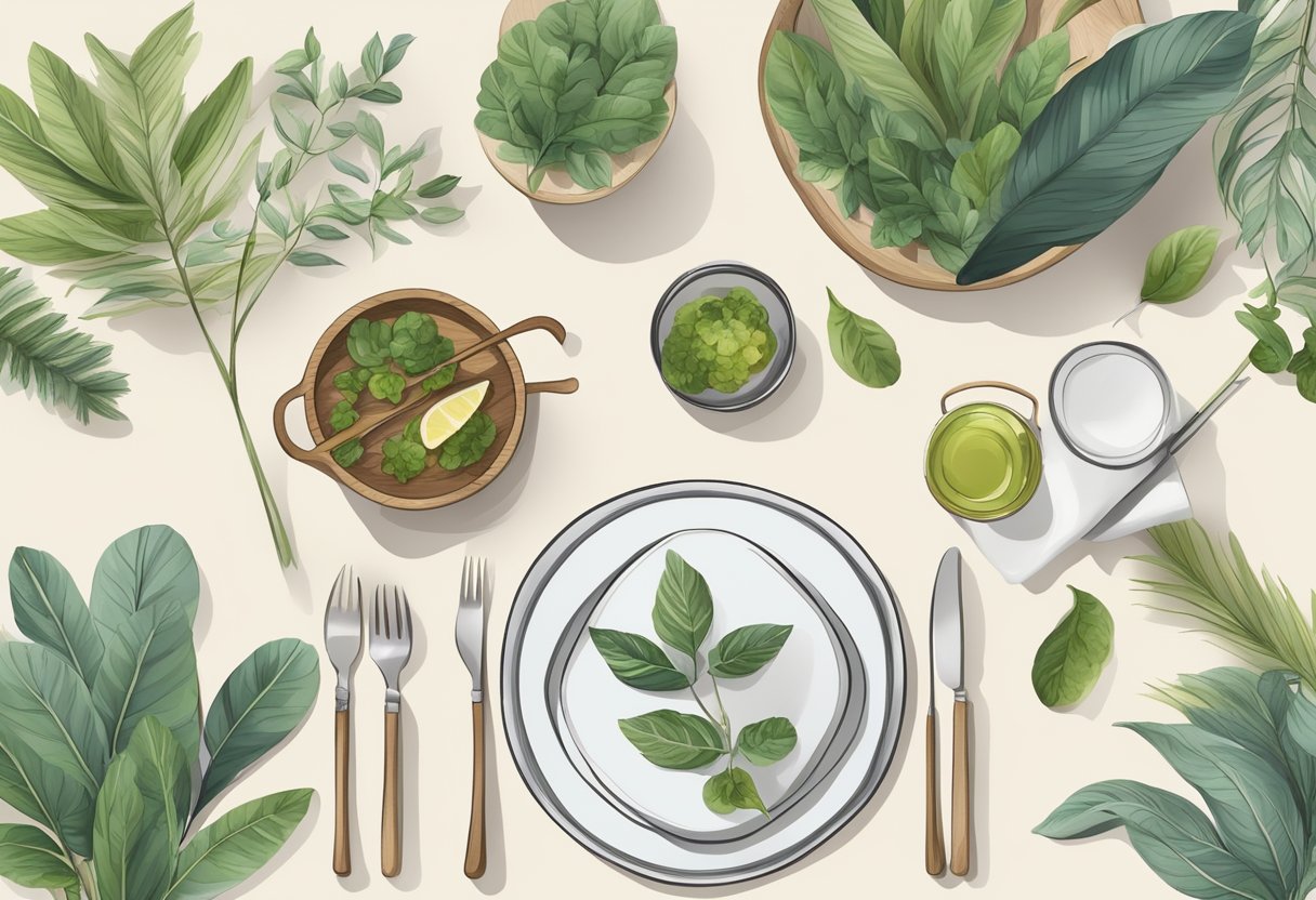 A serene table setting with a simple meal surrounded by natural elements like plants and wooden utensils