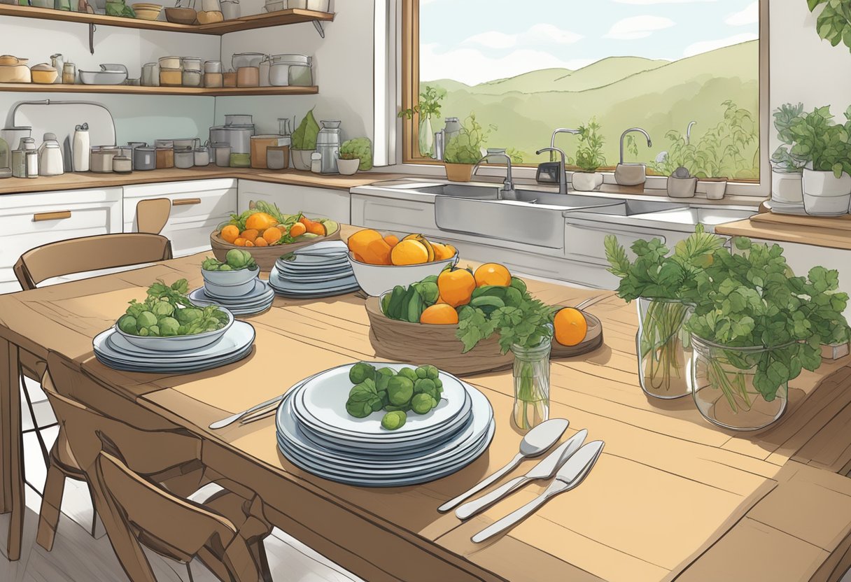 A serene, clutter-free kitchen with earthy, sustainable materials. A simple table setting with eco-friendly, reusable dishware and fresh, locally-sourced produce