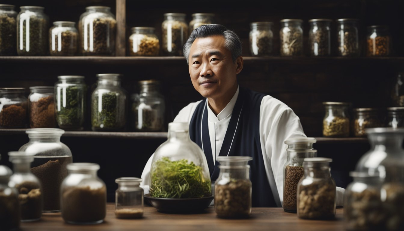 A traditional Chinese apothecary, filled with jars of herbs and roots, with a wise herbalist brewing a healing potion