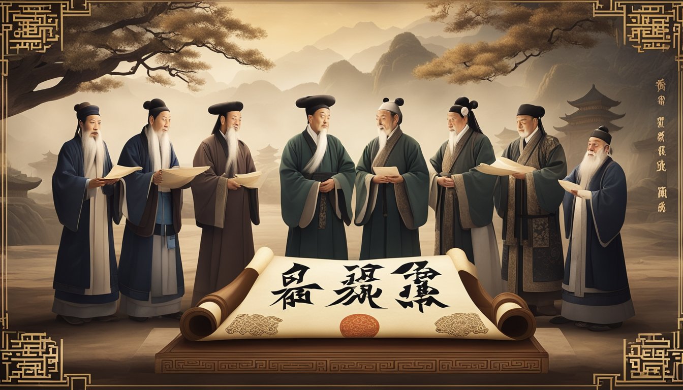 A group of ancient Chinese scholars gather around a scroll, discussing the Huangdi Neijing, while a wise figure gestures towards the text