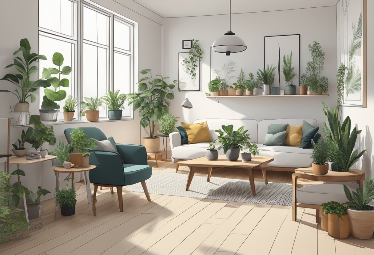 A small, clutter-free living space with natural materials and simple furniture. A few potted plants add a touch of greenery Challenges of Sustainable Minimalism