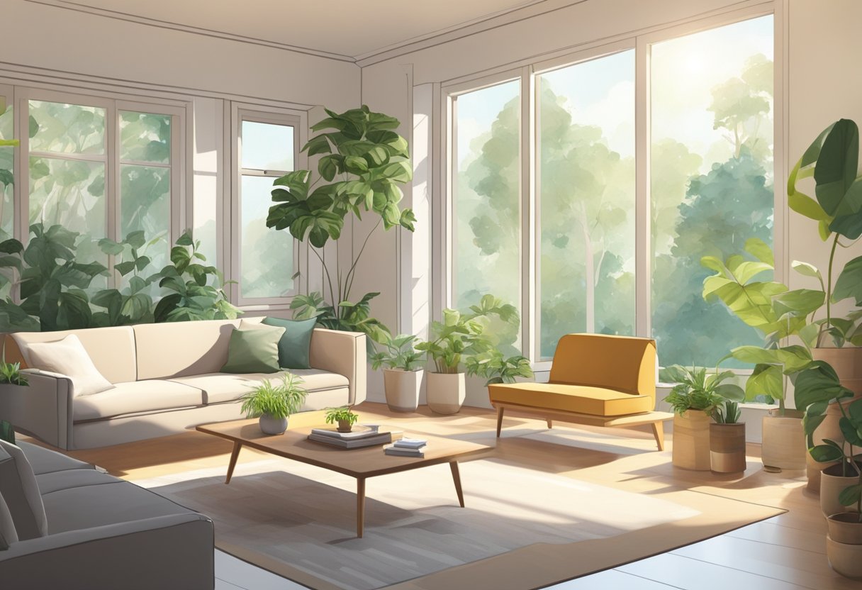 A serene, clutter-free room with simple, eco-friendly furniture and plants. Natural light streams in through large windows, creating a calming atmosphere Challenges of Sustainable Minimalism