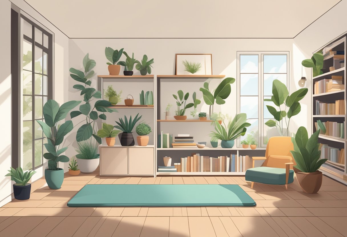 A serene, clutter-free room with potted plants, natural light, and a yoga mat. A bookshelf holds minimalist decor and wellness books Challenges of Sustainable Minimalism