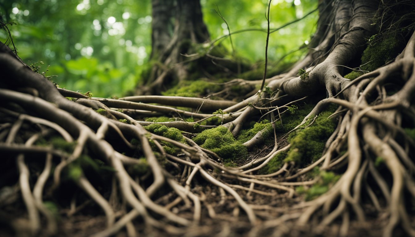 A tangle of roots and rhizomes intertwine, bursting with life and energy