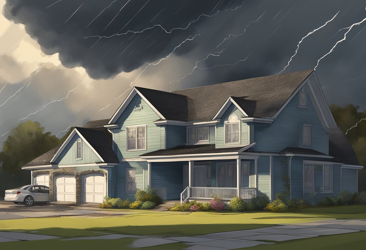 Dark storm clouds loom over a damaged roof in Austin. Shingles are torn off and debris litters the area