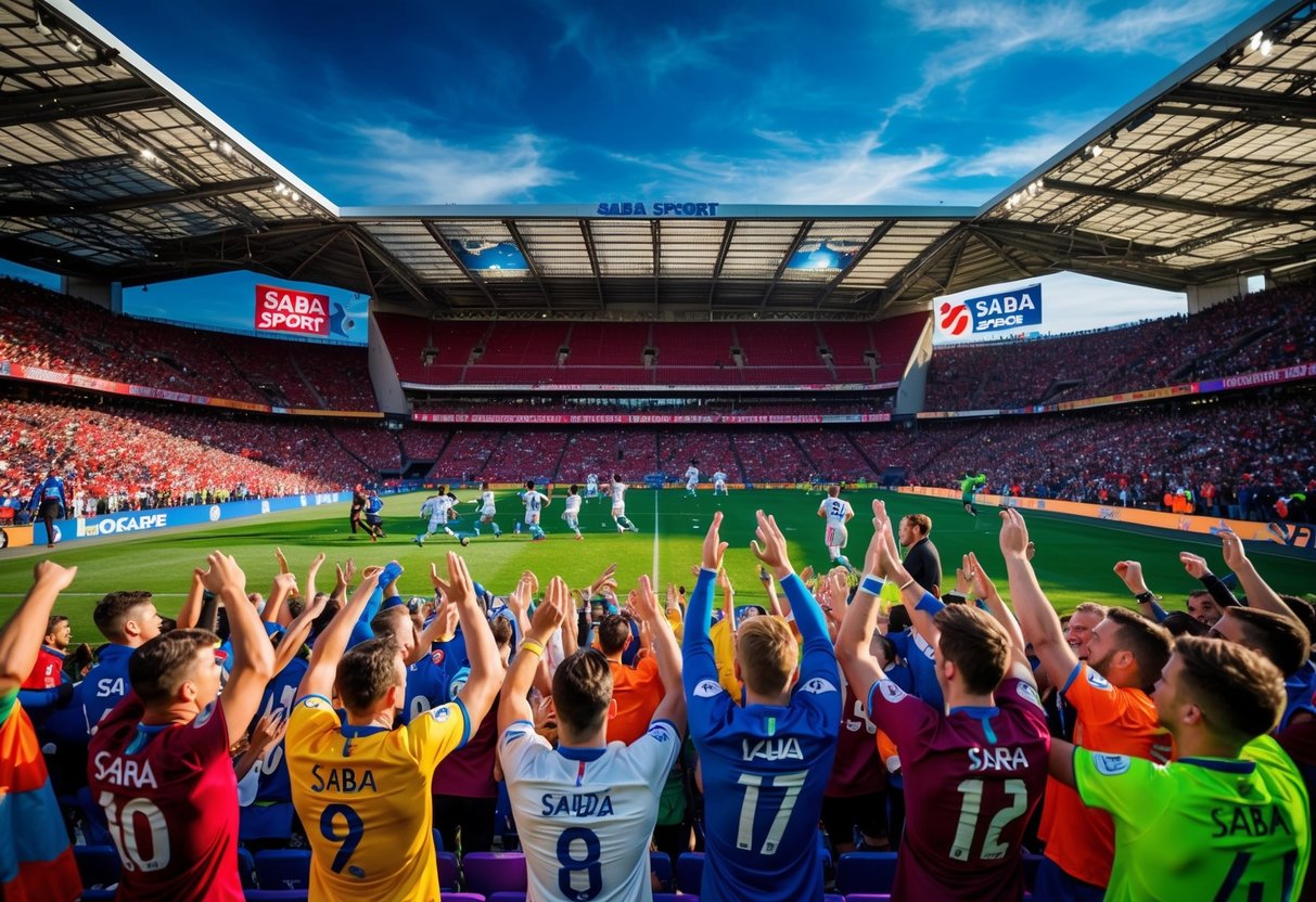 Sebuah stadion yang meriah dengan penggemar yang bersorak dan pemain yang beraksi, dikelilingi oleh spanduk dan logo Saba Sport