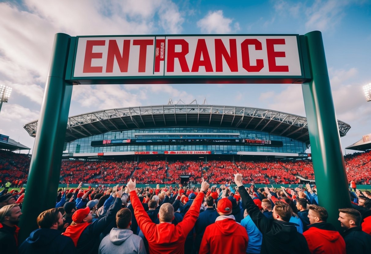 Sebuah stadion olahraga yang ramai dengan tanda masuk besar dan kerumunan penggemar yang antusias