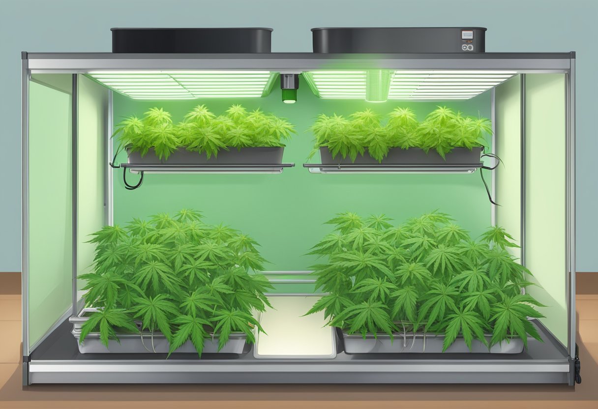 Ein Growbox-Komplettset mit Cannabispflanzen, LED-Lichtern, Belüftungssystem und Nährlösung