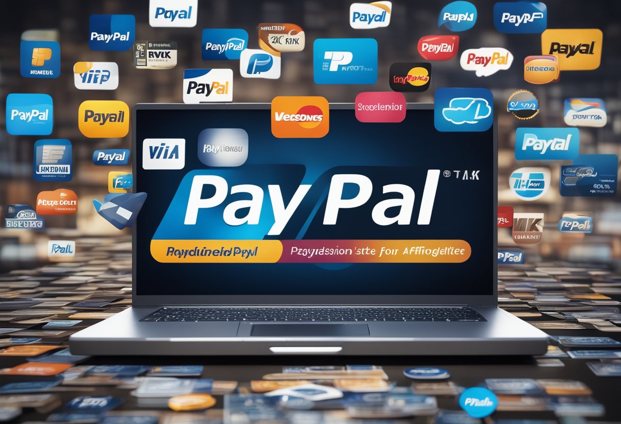 A laptop with a PayPal logo on the screen, surrounded by various affiliate program logos, Affiliate Programs That Pay Instantly With PayPal