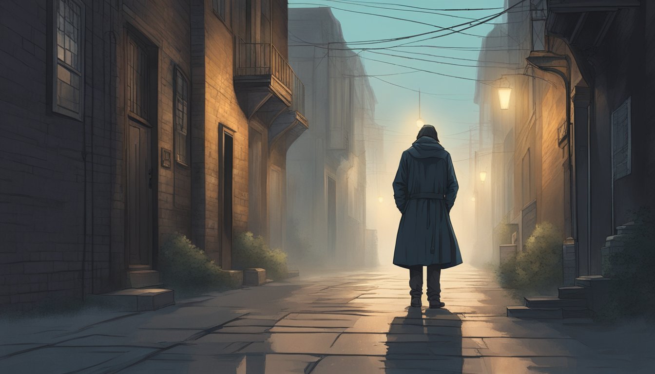 A lone figure stands in the dimly lit alley, speaking with a gravelly voice as the mist hangs in the air