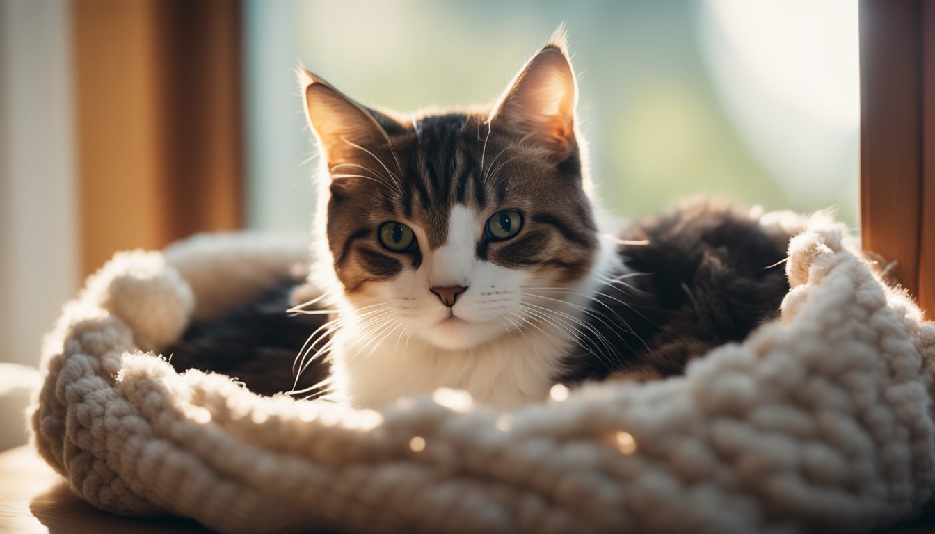 A mother cat cradles her kittens in a cozy nest of blankets and pillows, surrounded by soft toys and gentle light filtering through the window