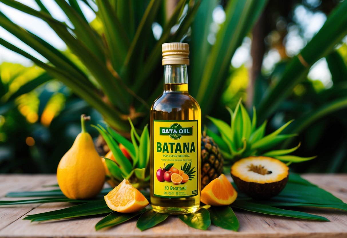 A bottle of Batana oil surrounded by tropical plants and fruits