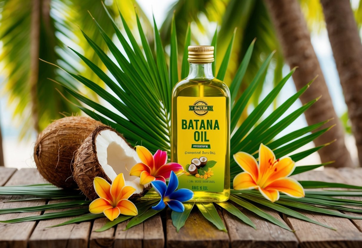 A rustic wooden table displays a bottle of batana oil surrounded by palm leaves, coconuts, and colorful tropical flowers