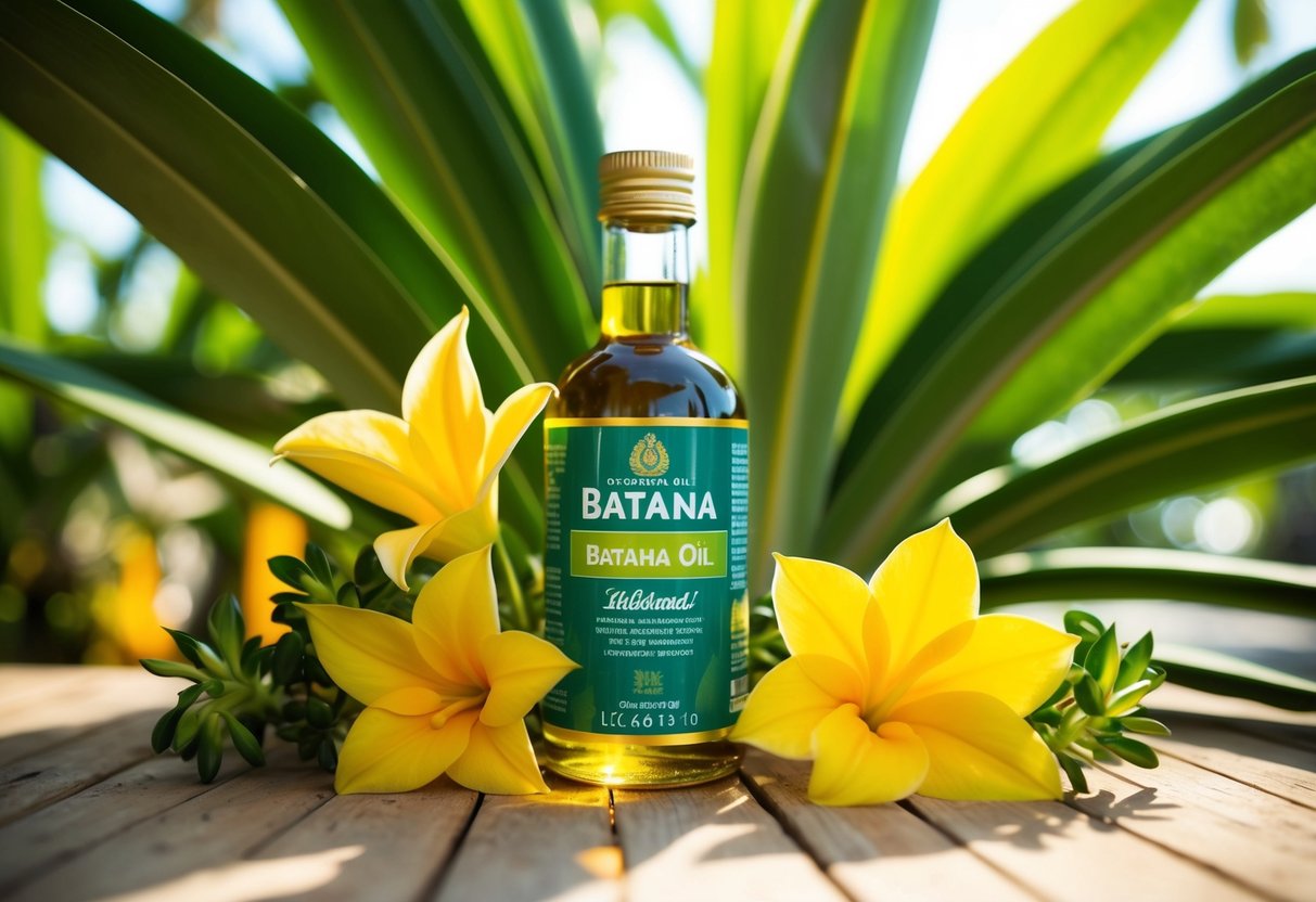 A bottle of batana oil surrounded by tropical plants and flowers, with sunlight streaming through the leaves