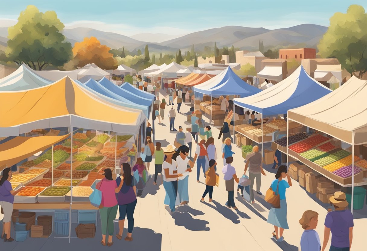 A bustling Temecula culinary market with vendors selling fresh produce, artisanal cheeses, and homemade baked goods under colorful tents