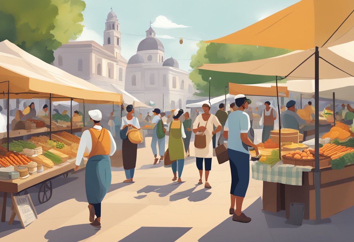 A bustling outdoor market with vendors selling fresh produce, artisanal cheeses, and homemade baked goods. The aroma of sizzling street food fills the air