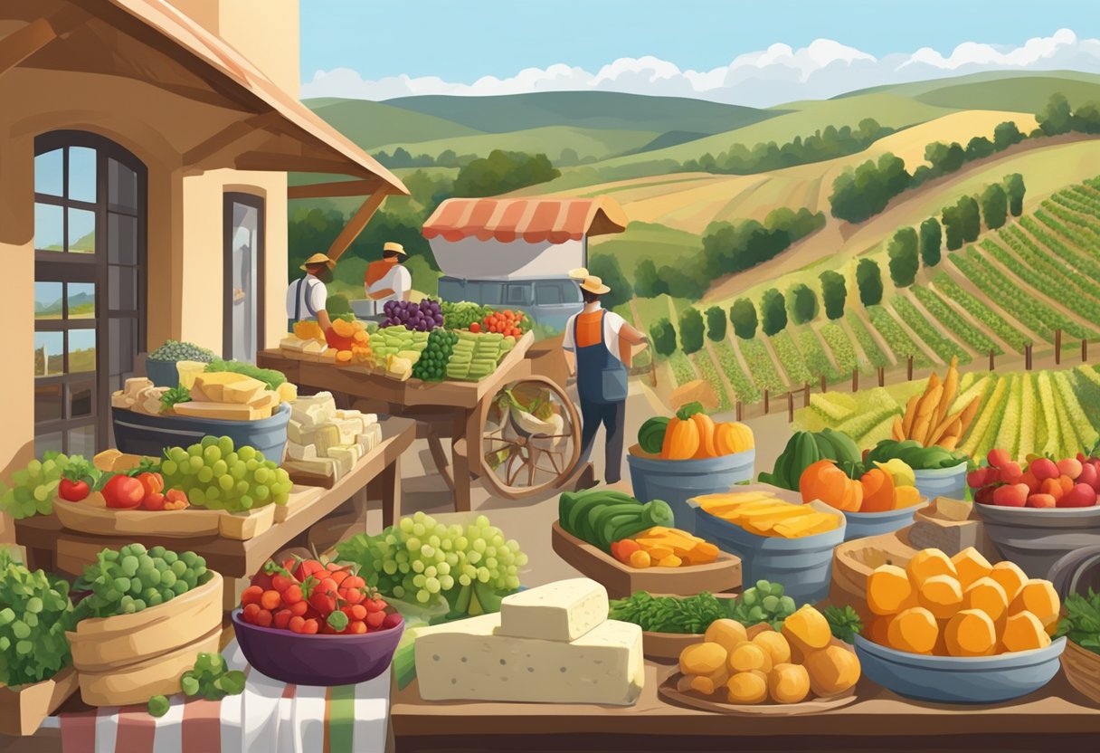 A bustling farmer's market with colorful produce, artisanal cheeses, and freshly baked bread, set against a backdrop of rolling hills and vineyards