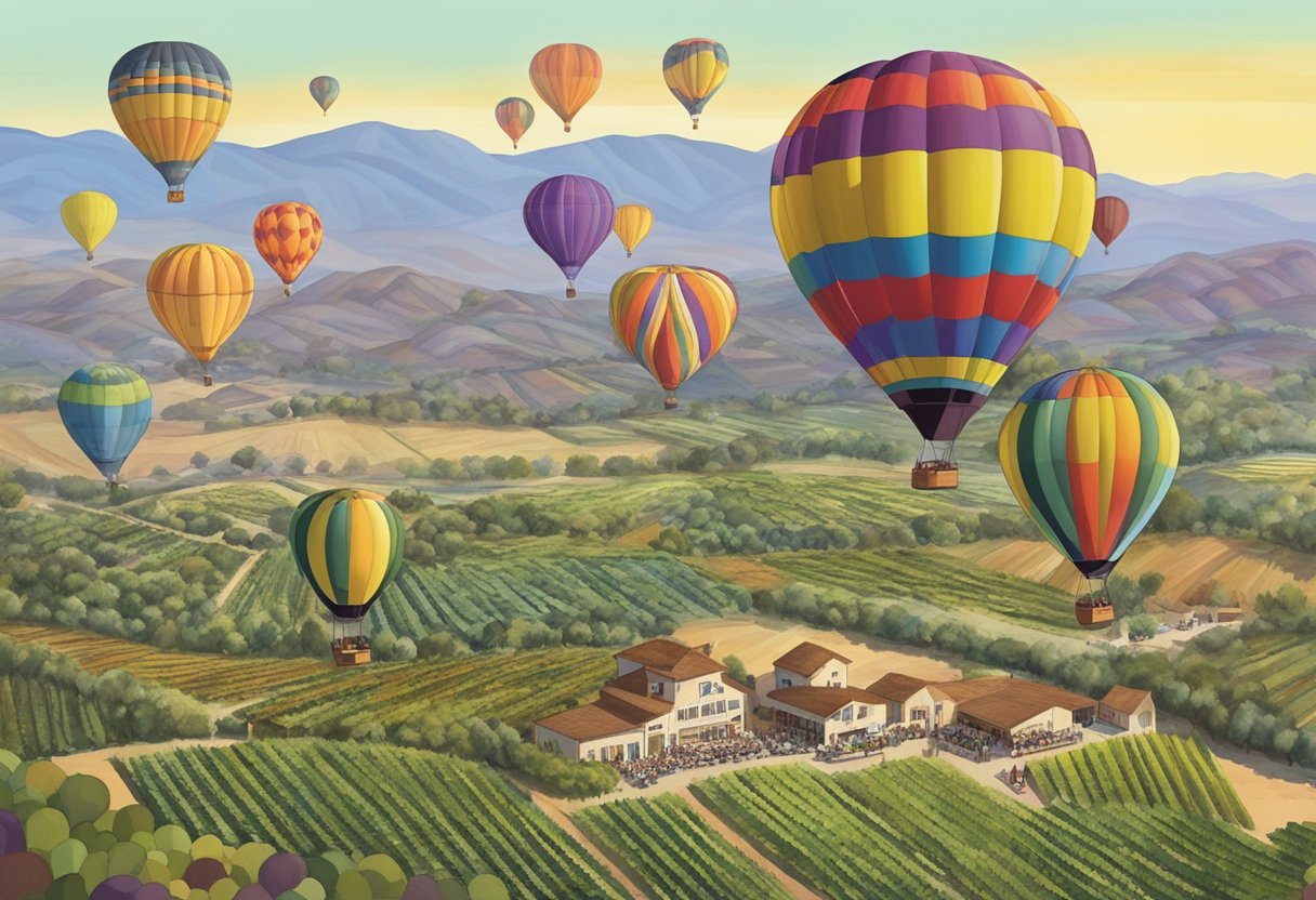 Hot air balloons float over vineyards at the Temecula Valley Balloon & Wine Festival, with food vendors and wine tastings below