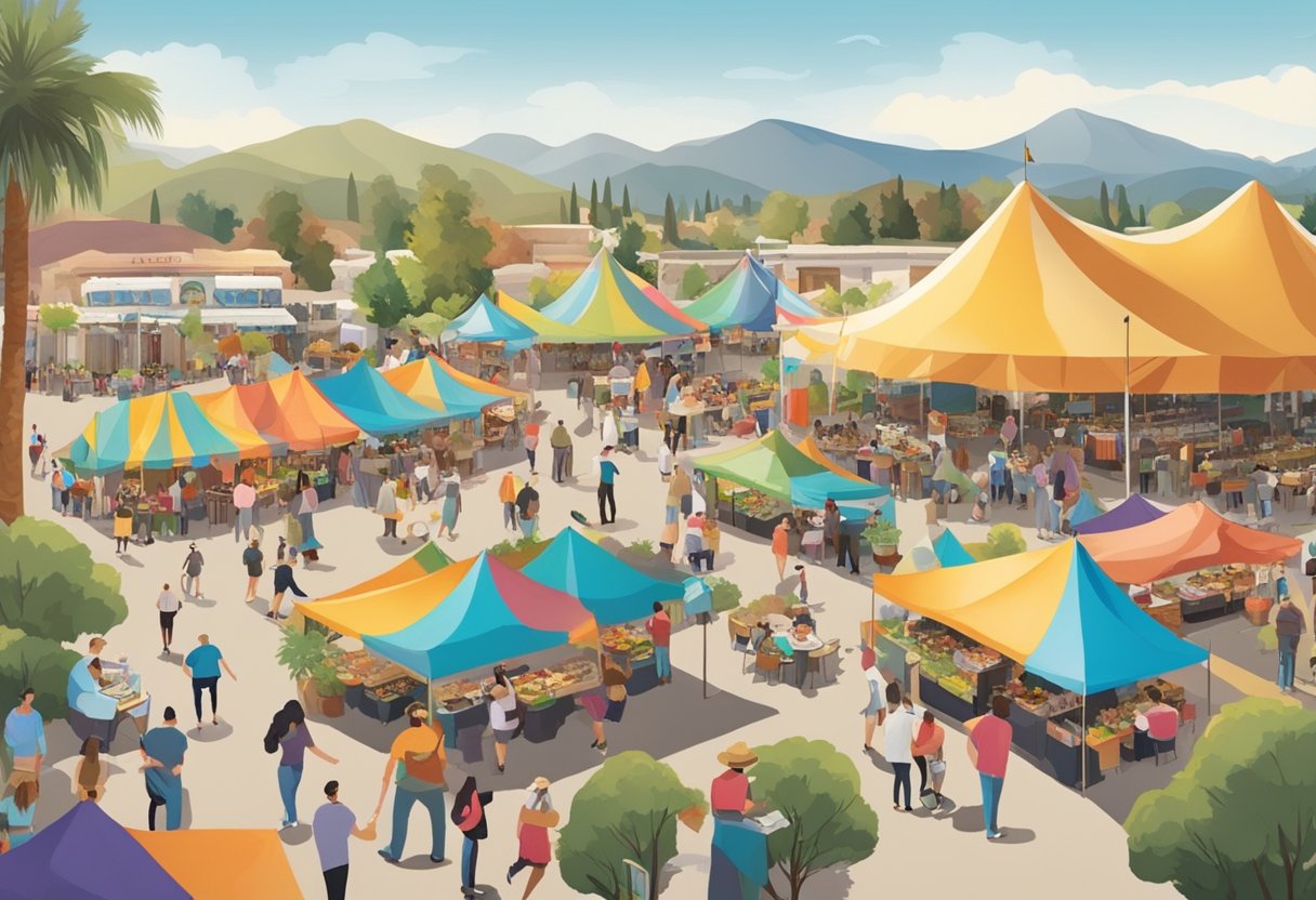 A bustling outdoor food festival with colorful tents, live music, and people enjoying a variety of culinary delights in Temecula