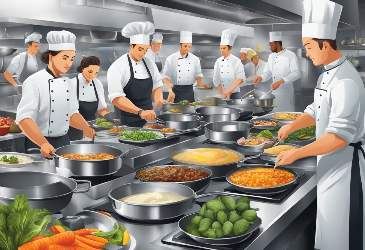 A bustling kitchen with chefs creating exquisite dishes amidst a backdrop of fresh ingredients and sizzling pans