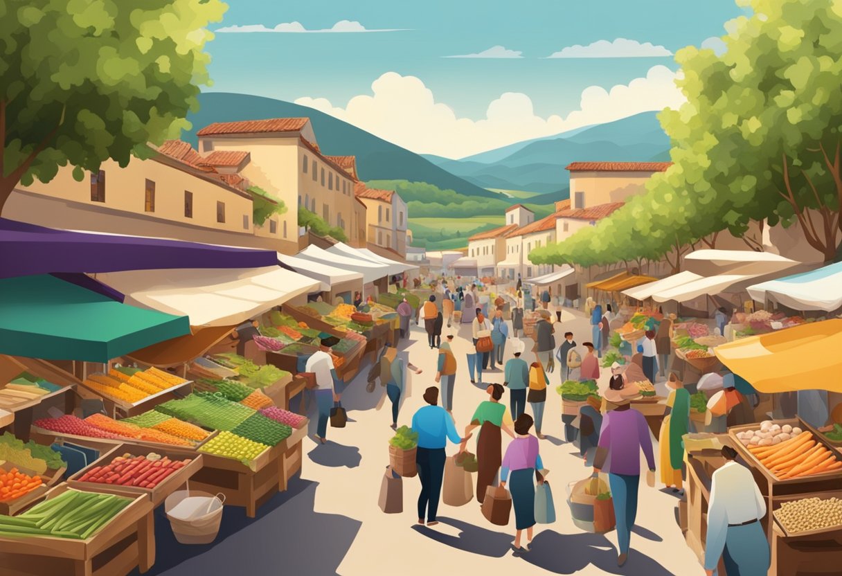 A bustling outdoor market with colorful stalls and delicious aromas, surrounded by rolling hills and vineyards